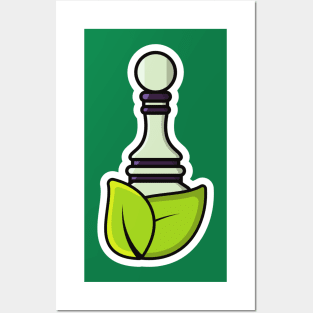 Pawn Chess with Green Leaves Sticker design vector illustration. Sport board game object icon concept. Green leaf and chess sticker design icon logo with shadow. Posters and Art